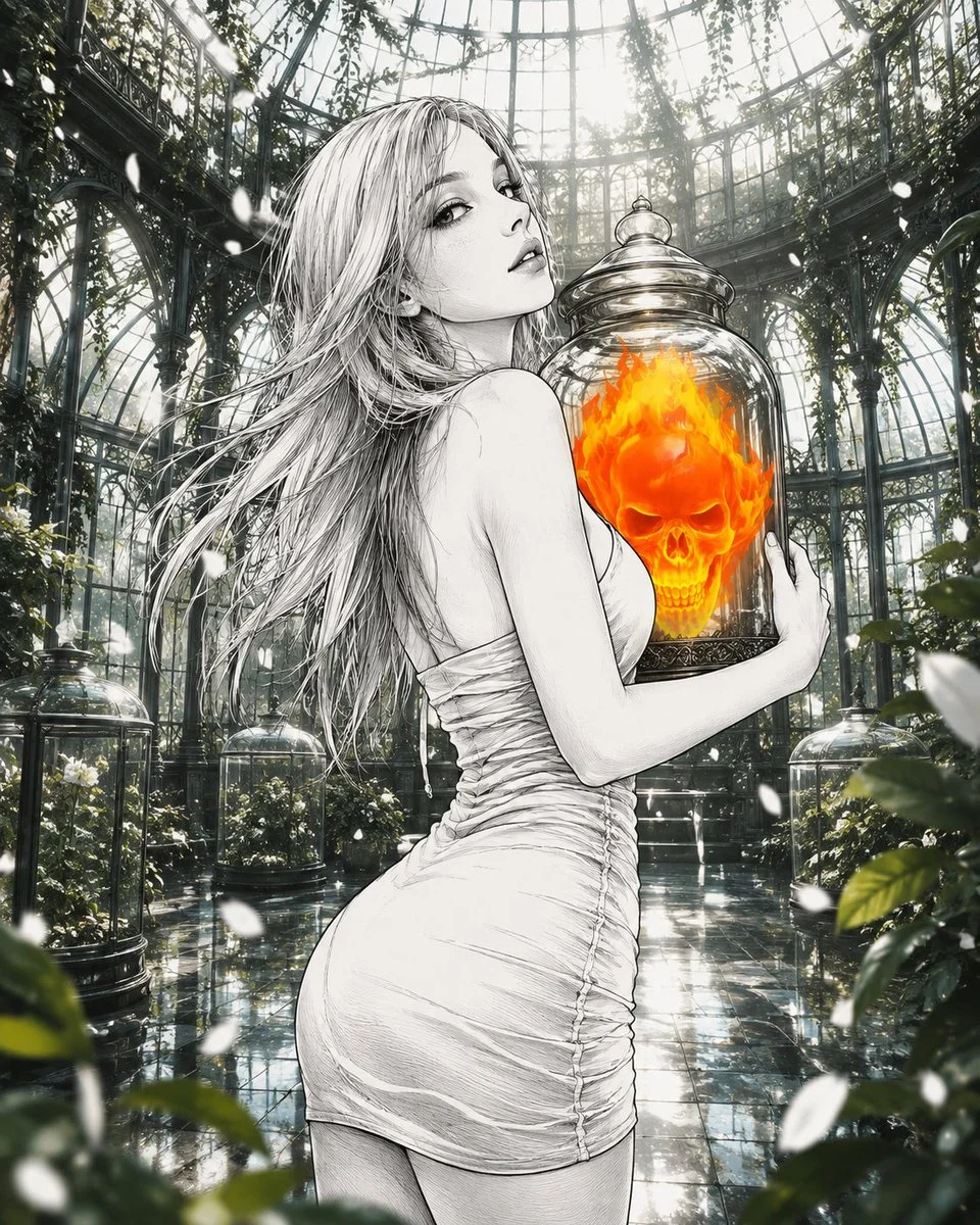 Anime girl in Victorian greenhouse holds glass jar with skull