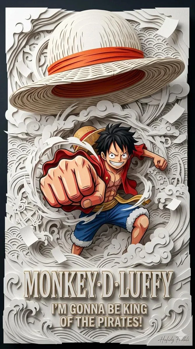 Anime hero leaps from layered paper waves in dramatic poster