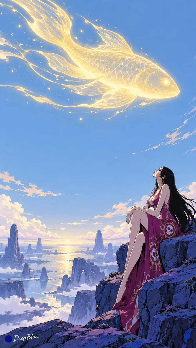 Anime heroine stands on sulfur-yellow alien terrain under blue glow