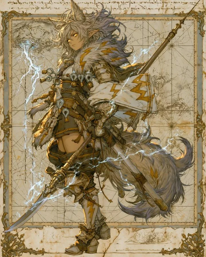 Anthropomorphic fox spirit warrior stands amid ancient celestial charts