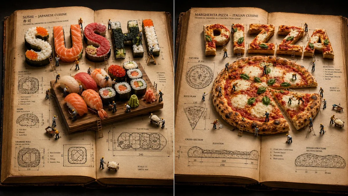 Antique book reveals CAD wireframes of sushi and pizza