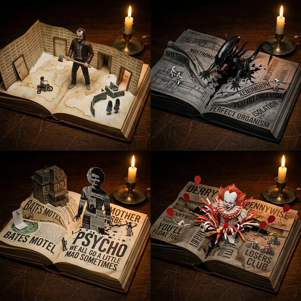 Antique Book Worlds: Macro 3D Terrain of Story Biomes and Titans