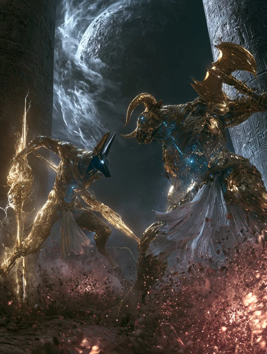Anubis warrior and Minotaur cyborg clash in explosive moonlit battle