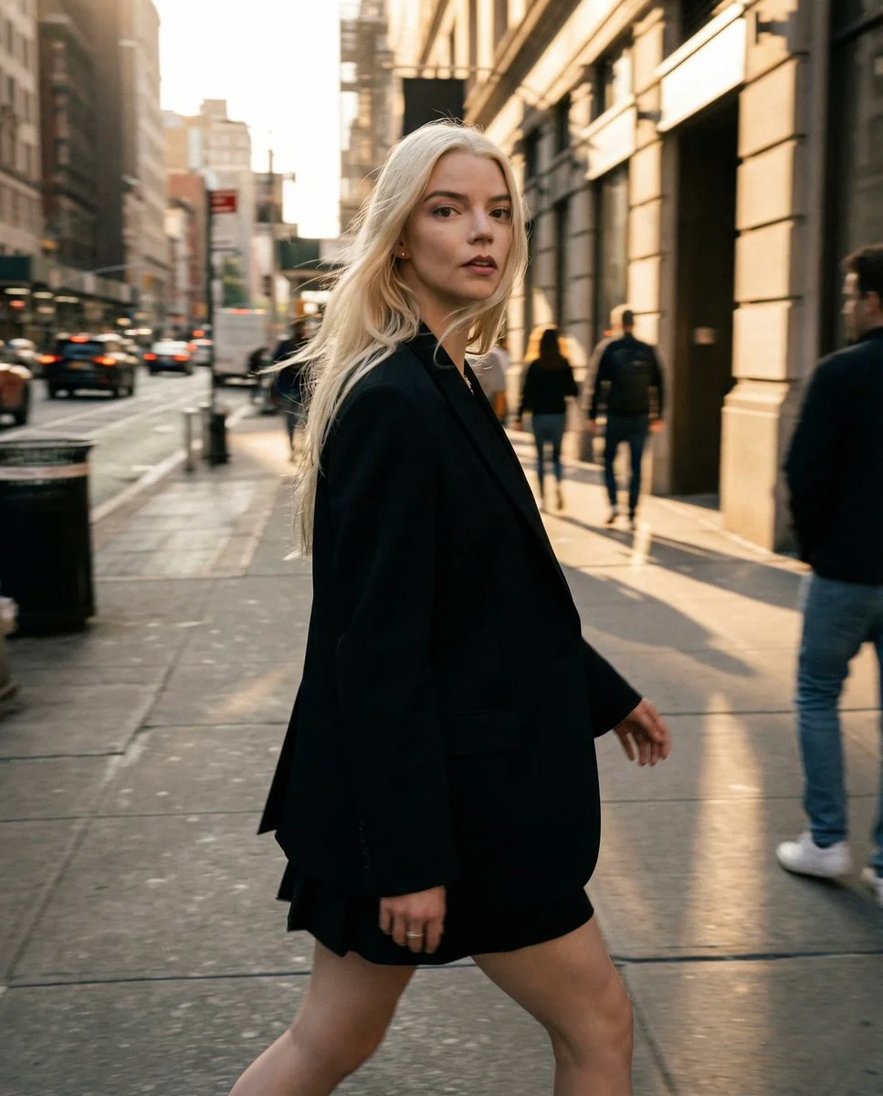 Anya Taylor-Joy in Golden Hour Motion on a City Street