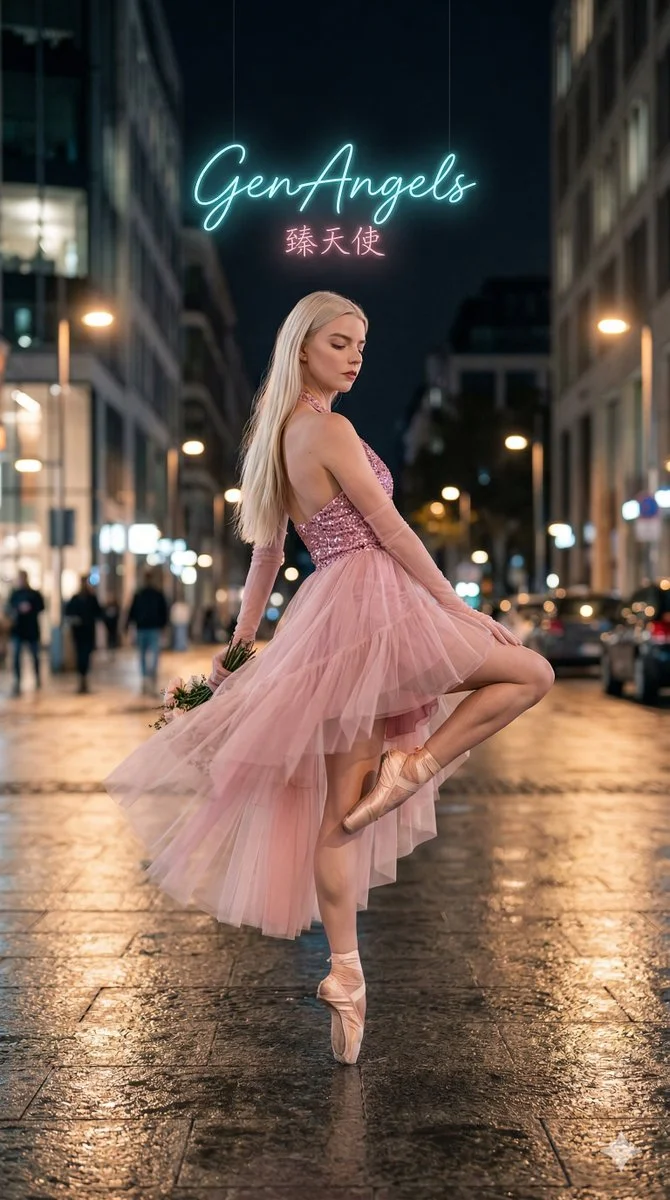 Anya Taylor-Joy's Poised Elegance in Neon-Lit Urban Ballet