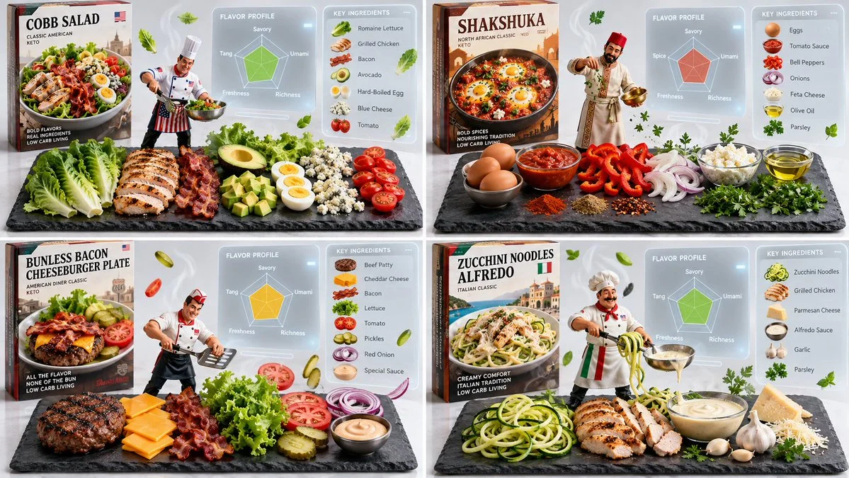 AR culinary deconstruction of four keto meals in a 2x2 grid