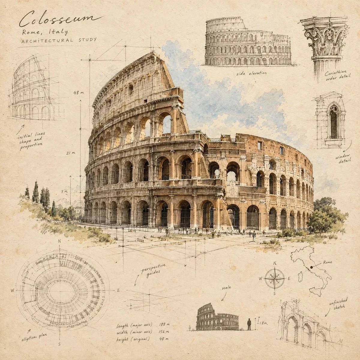 Architect's Hand Sketches a Famous Landmark in Pencil and Ink