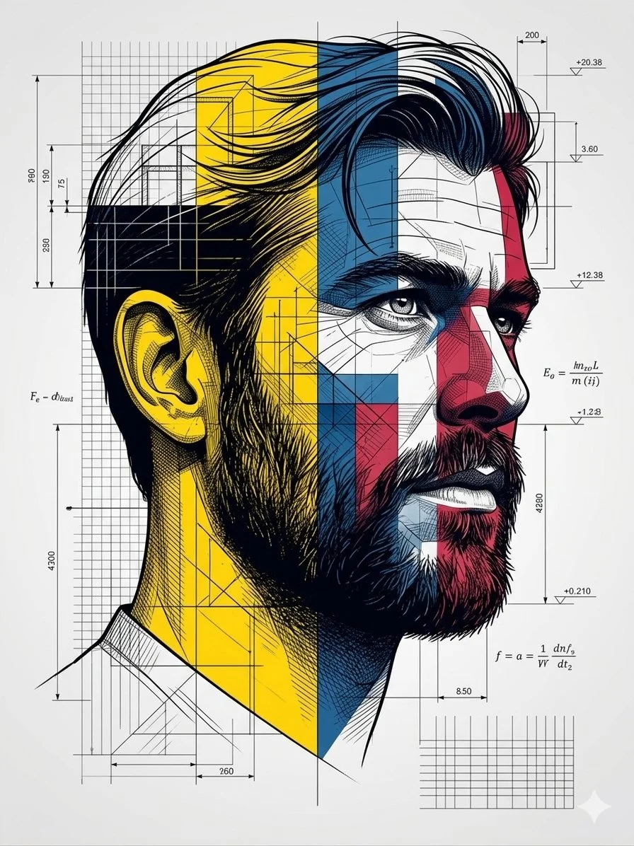 Architectural Blueprint Portrait of a Bearded Man
