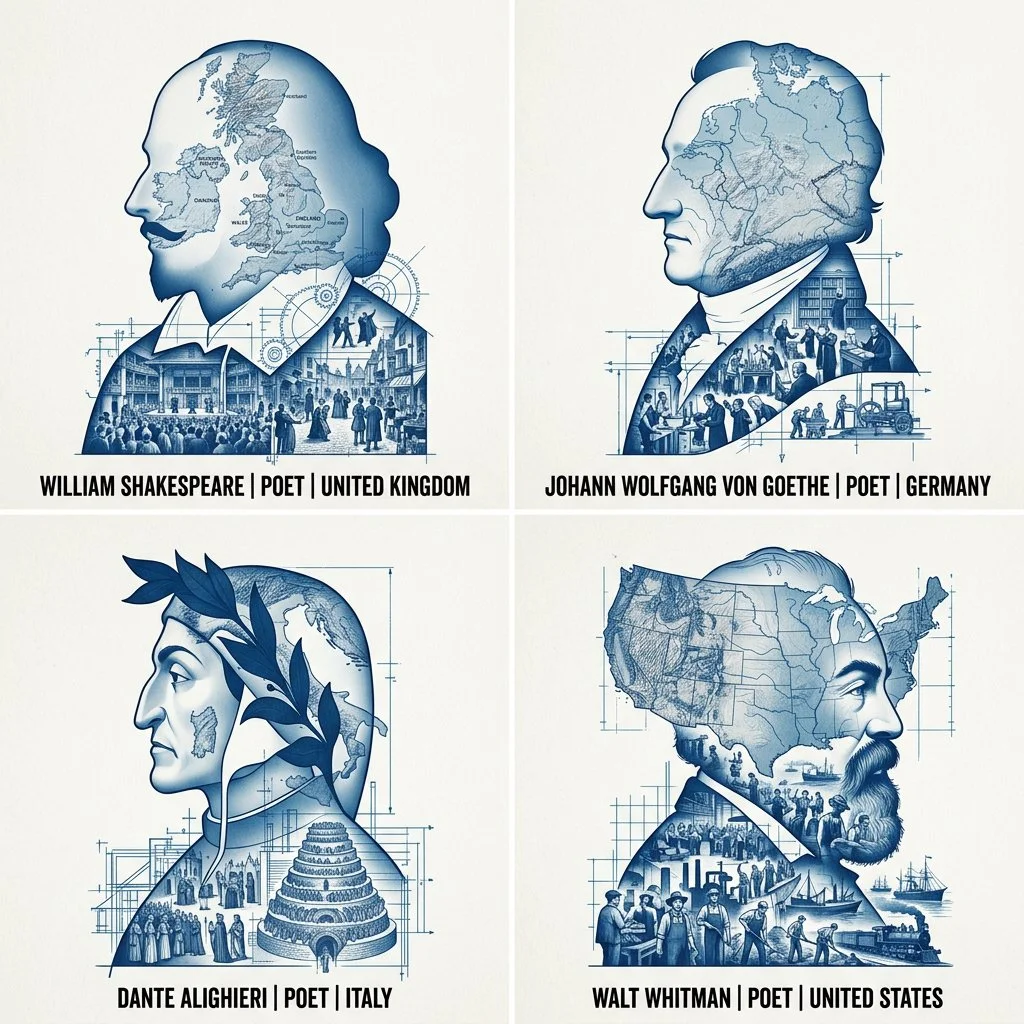 Architectural Double Exposure: Silhouettes of Four Legendary Poets
