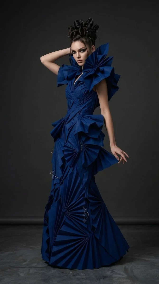 Architectural origami gown transforms model into living sculpture