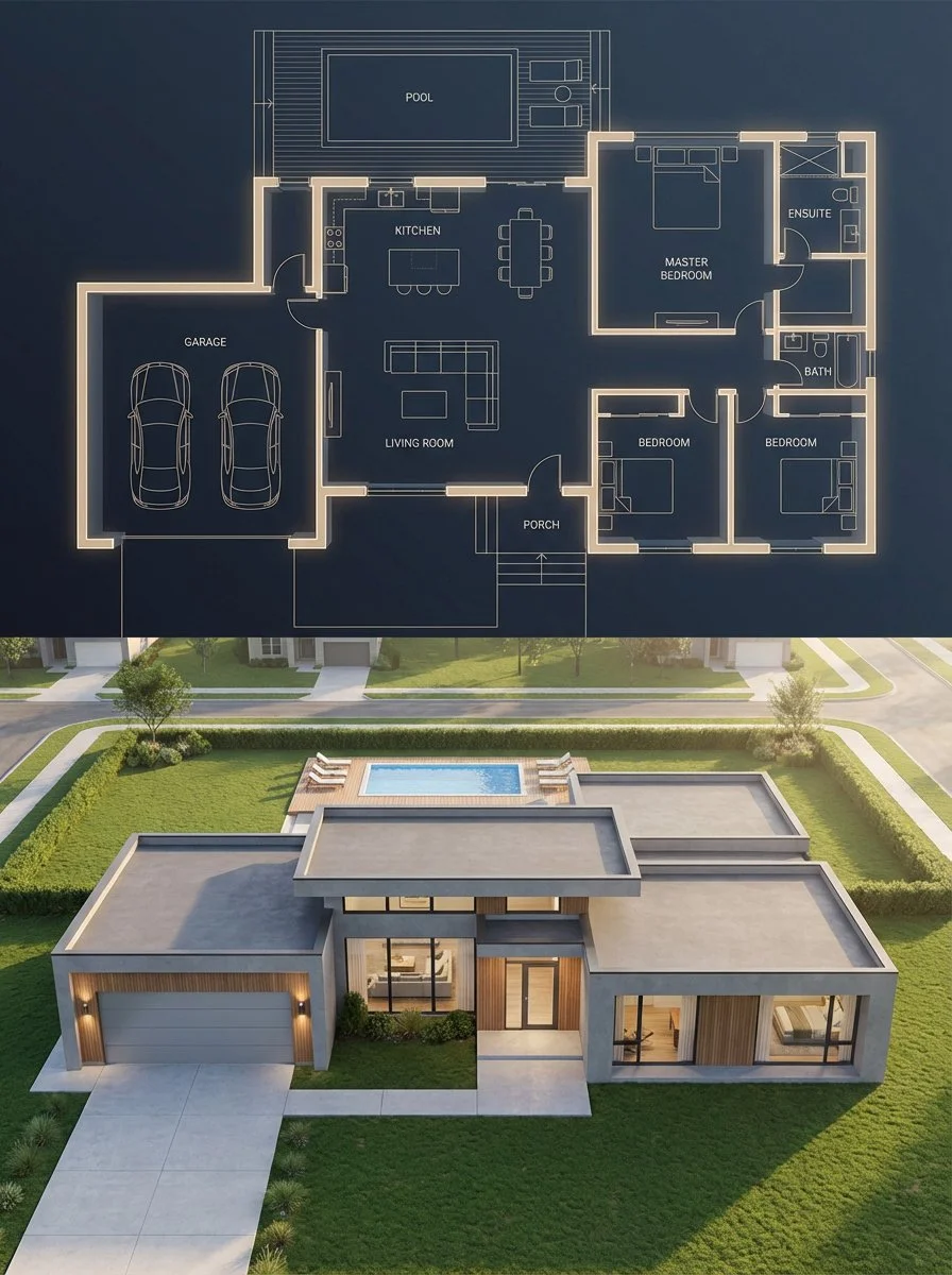 Architectural Precision: Dark-Themed Blueprint Meets Photorealistic Home Render