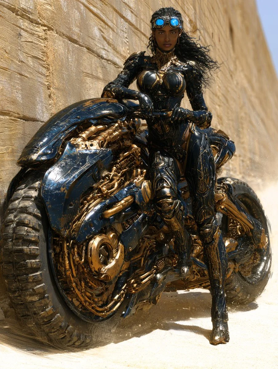 Armored Woman Poses with Steampunk Motorcycle in Bright Dusty Setting