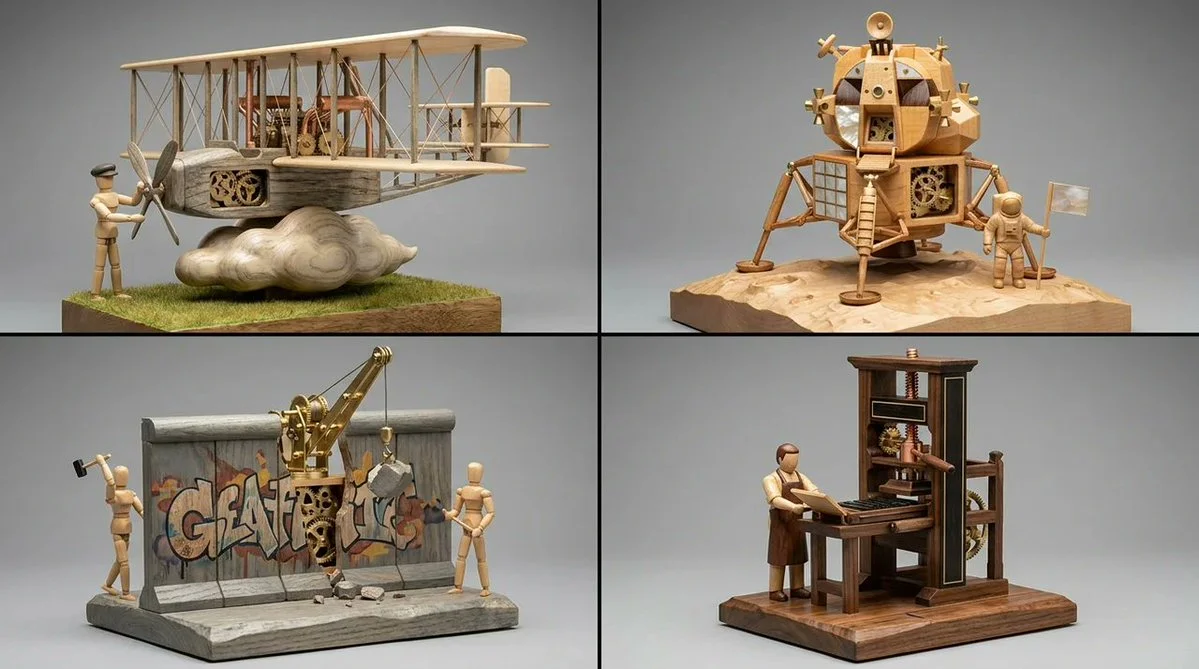 Artisan wooden automaton of a swan with exposed brass clockwork and operator