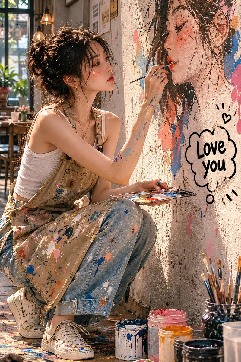 Artist paints her own portrait mural in a cozy café