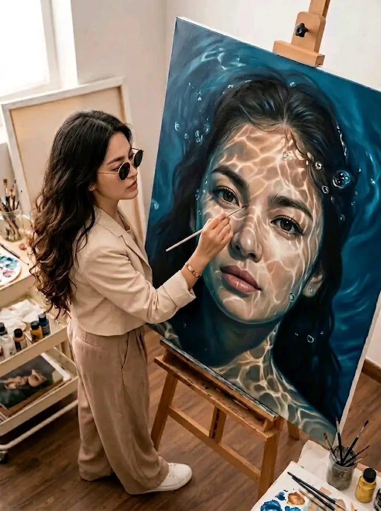 Artist paints hyper-realistic underwater portrait in bright studio.