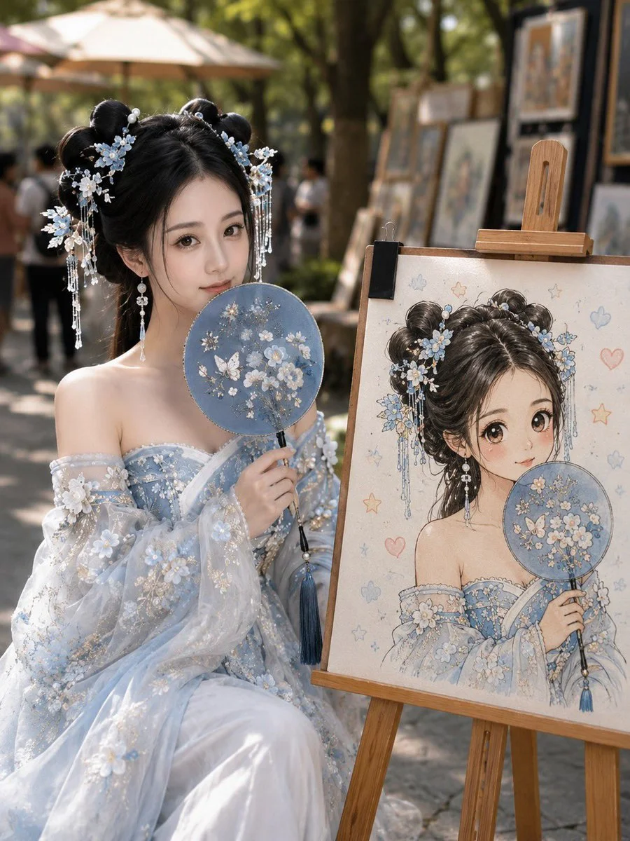 Artist sits beside easel with chibi self-portrait at market