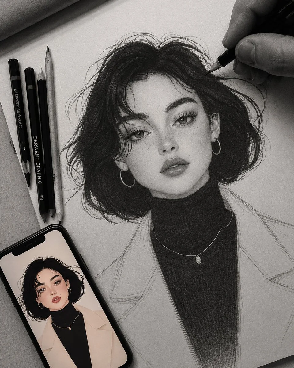 Artist sketches a girl's portrait from an iPhone reference