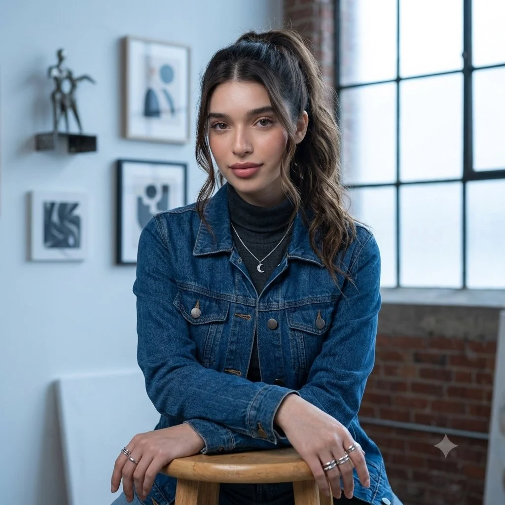 Artist studio portrait with natural daylight and brick wall