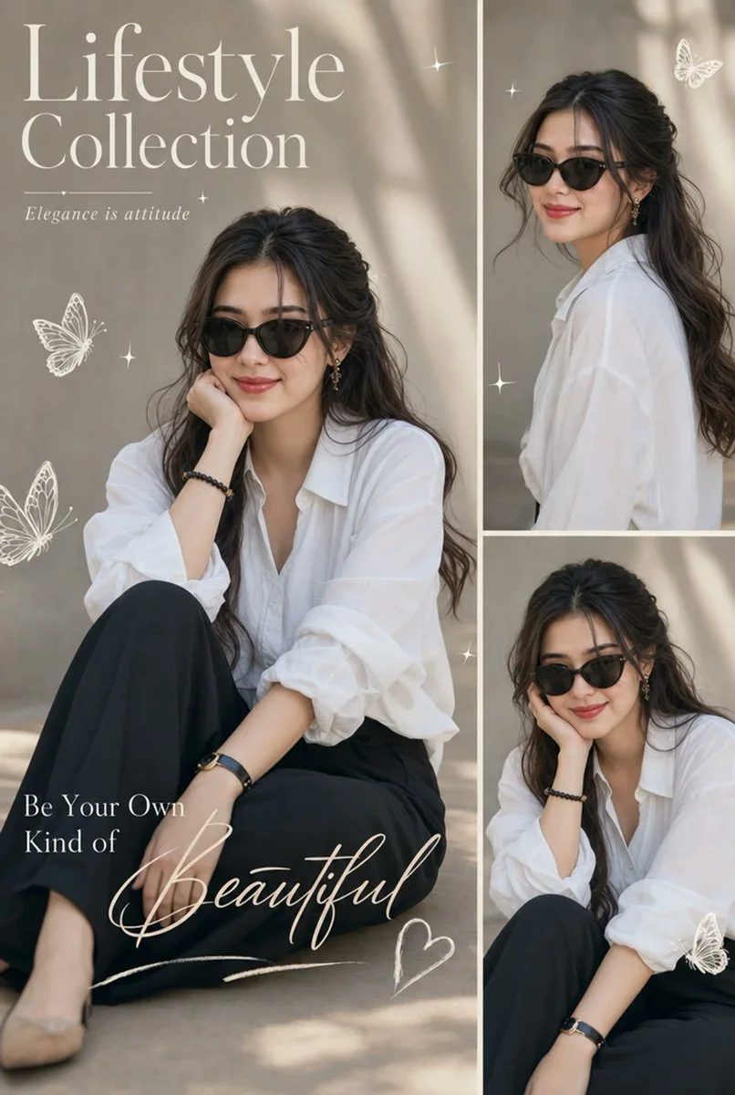 Asian woman in cat-eye sunglasses poses on studio floor
