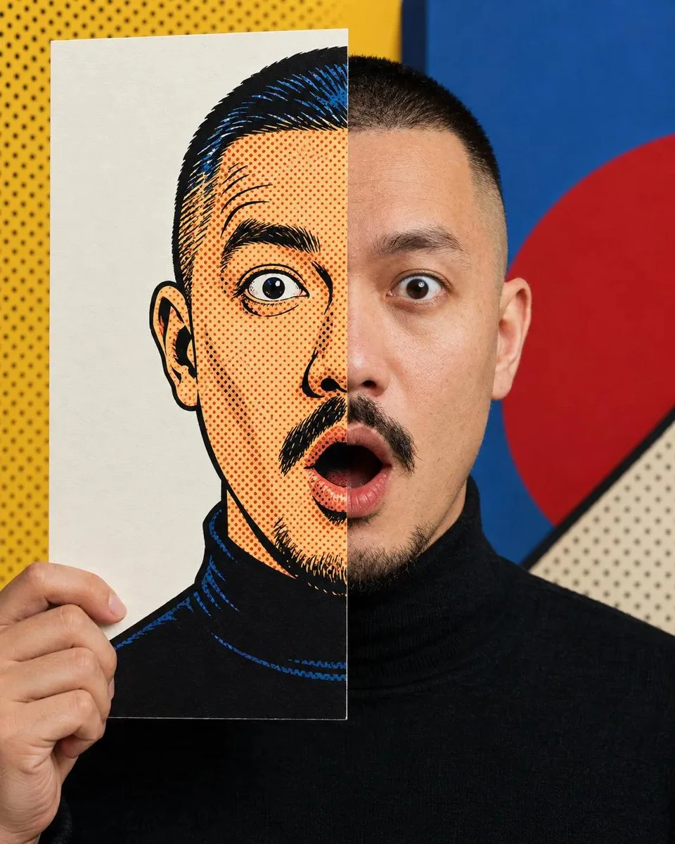 Astonished face split between photo and pop art illustration