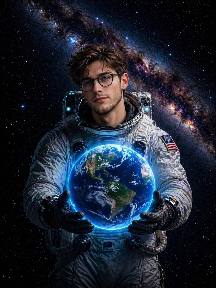 Astronaut Cradling a Luminous Earth in Space