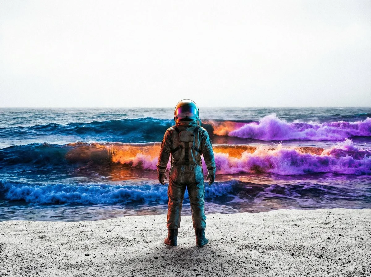 Astronaut's Spectacle: Cosmic Colors at the Shore