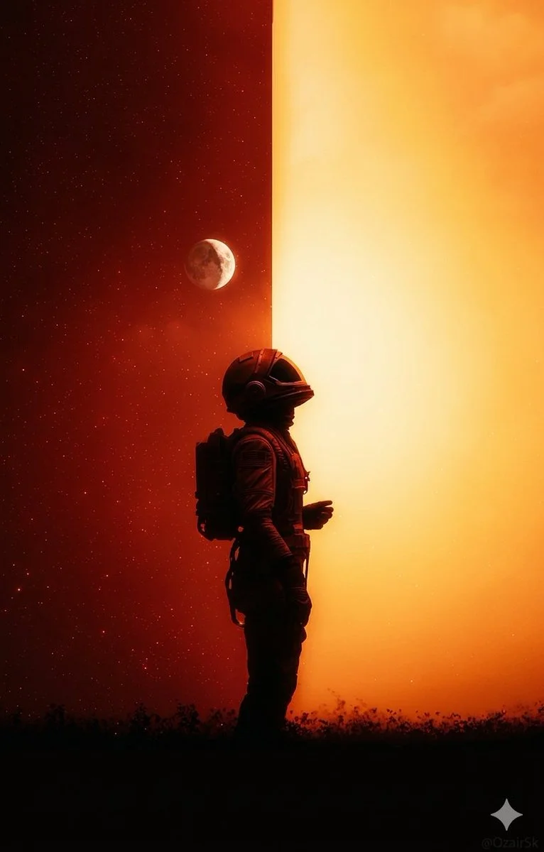 Astronaut Silhouette Between Cosmic Red and Golden Light
