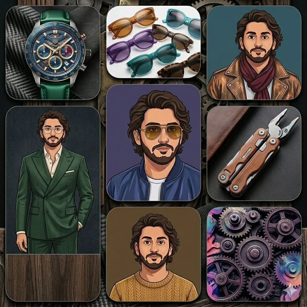Asymmetrical panels frame luxury fashion models in a vibrant collage.