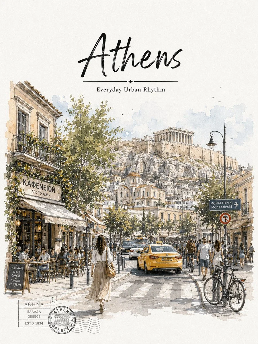 Athens Monastiraki street scene with Acropolis rising above
