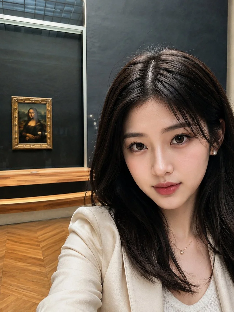 Athlete takes a museum selfie with Mona Lisa in background