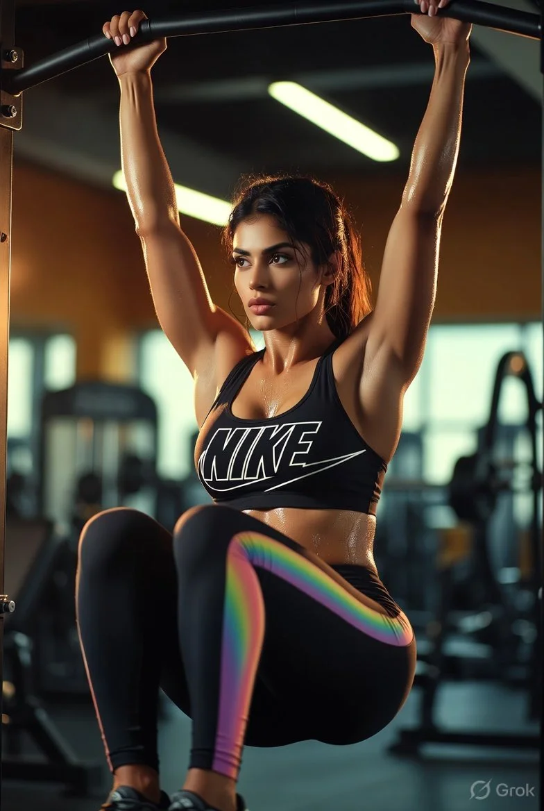 Athletic Indian woman performs a hanging knee raise with intense focus
