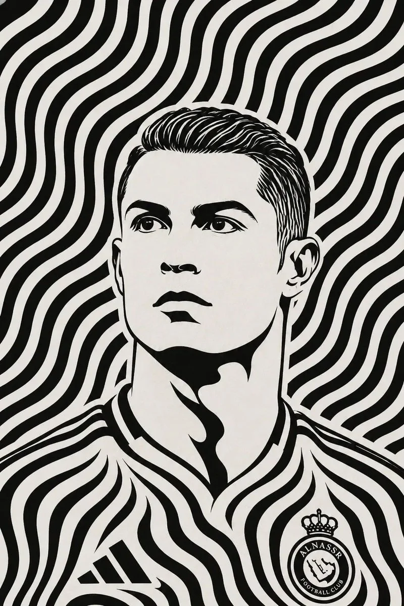 Athletic man emerges from hypnotic wavy black and white stripes