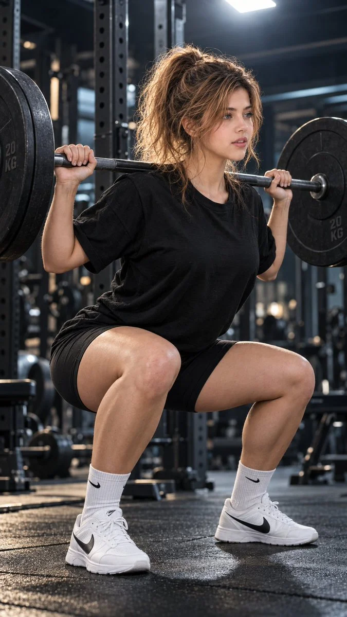 Athletic Woman Performs Barbell Squat in Dark Cinematic Gym