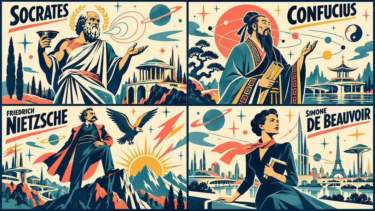 Atomic Age Pulp Illustrates Four Philosophers in Retro Futuristic Style