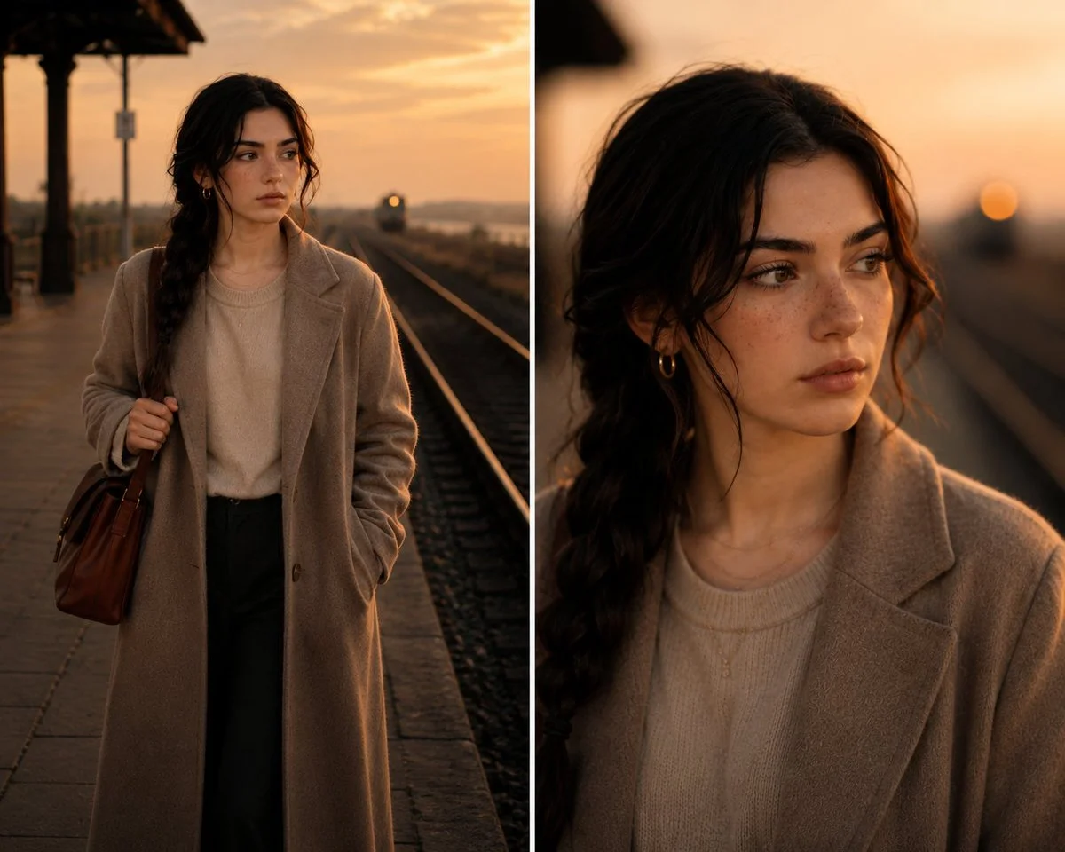 Auburn-haired woman in beige coat stands on railway platform at sunset
