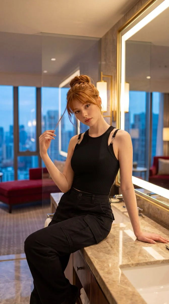 Auburn-haired woman in black top poses on marble vanity at dusk