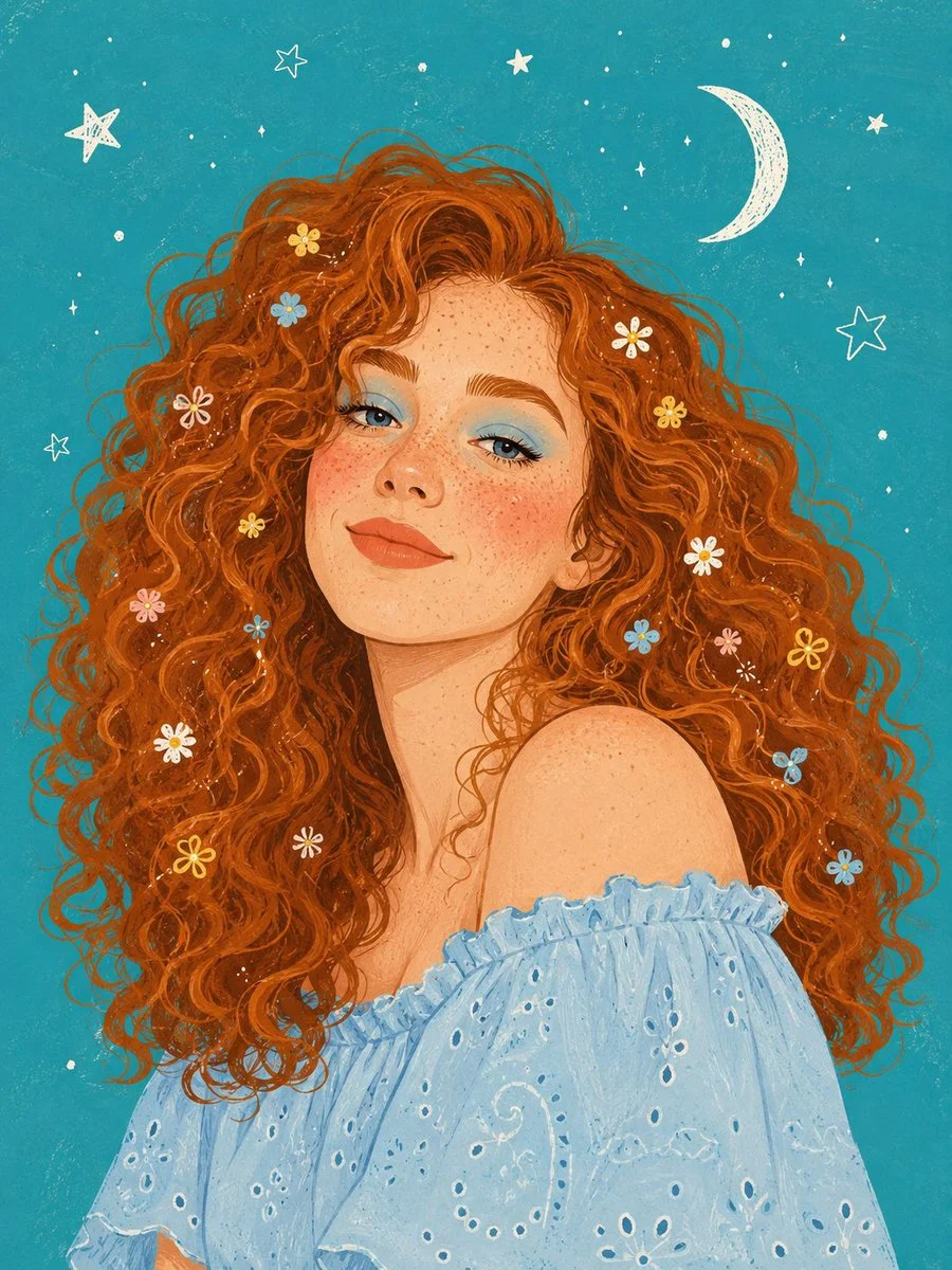 Auburn-haired woman with floral curls under celestial turquoise sky