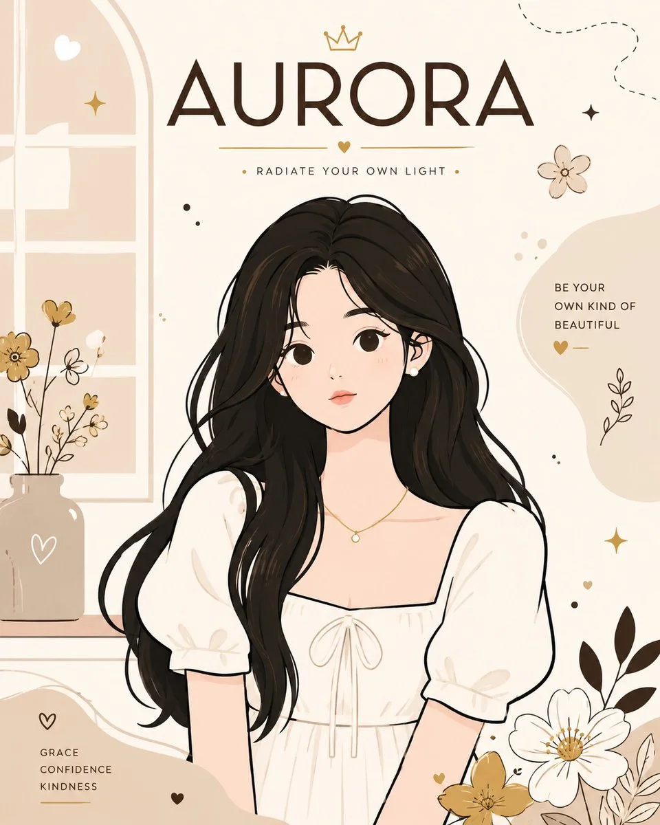 Aurora poses gracefully in a minimalist flat-vector poster design