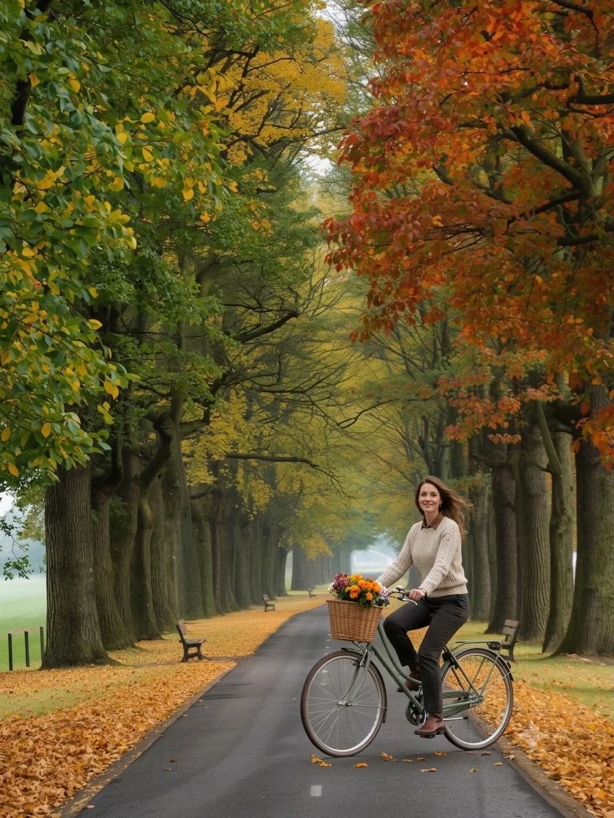 Autumn cyclist smiles beneath archway of amber leaves