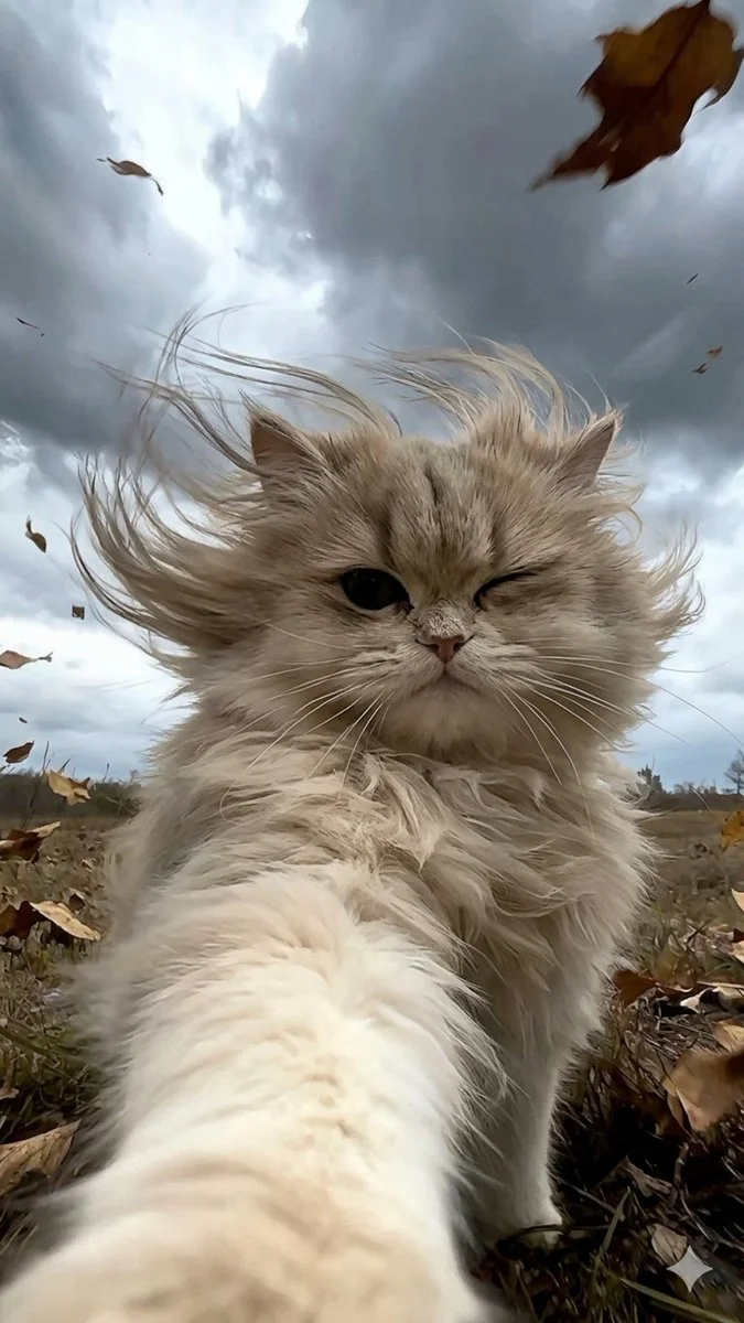 Autumn Gusts: Fluffy Cat Selfie in the Wind