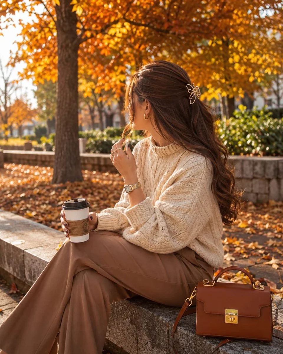 Autumn park fashion portrait of woman in cream sweater with coffee