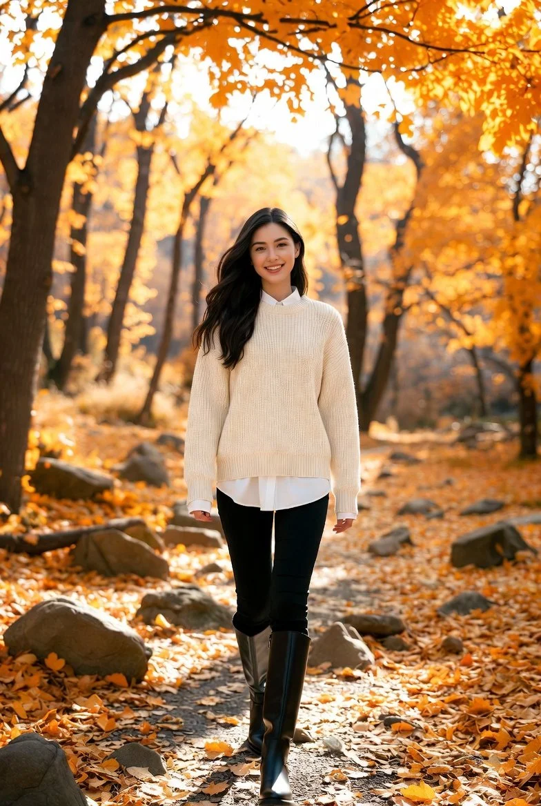 Autumn Stroll: Woman in Cream Sweater Amid Golden Forest
