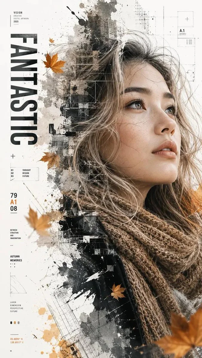 Autumn winds blend with architectural lines in a double exposure portrait