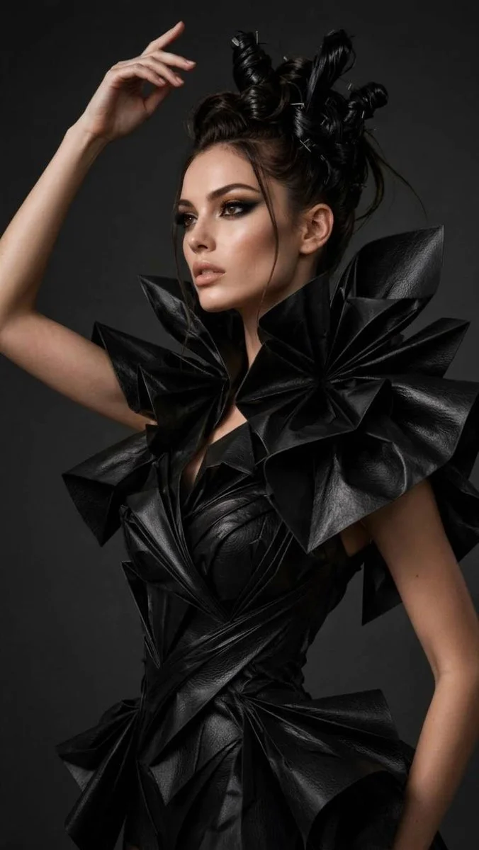 Avant-garde couture model poses with architectural leather folds in profile