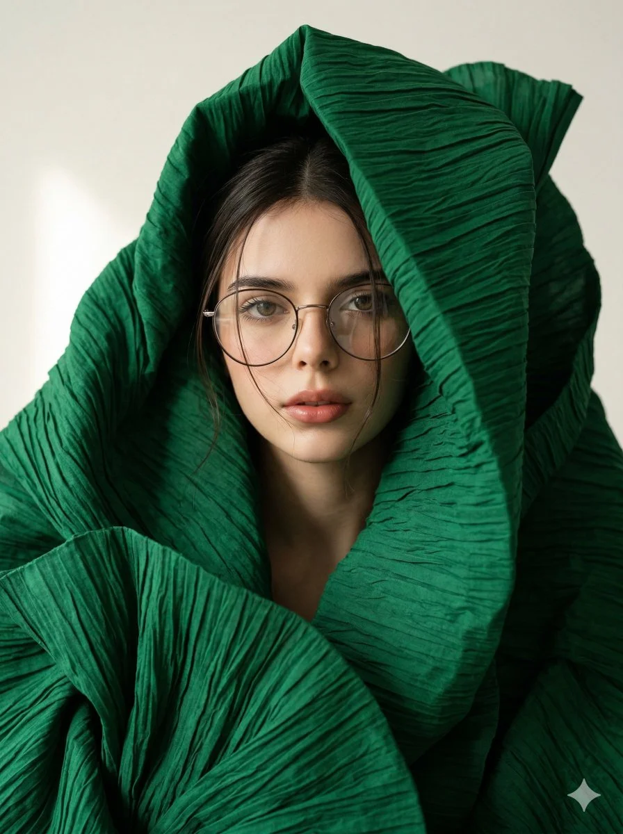 Avant-Garde Portrait with Sculptural Emerald Fabric Frame