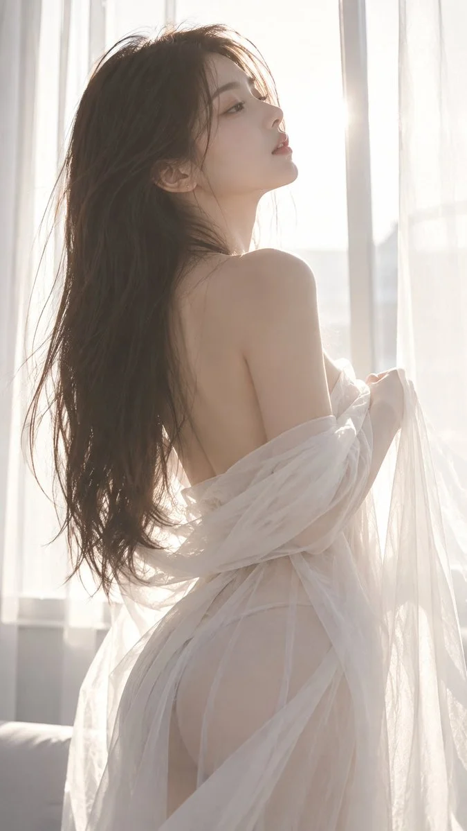 Backlit Chinese influencer in sheer white fabric poses in minimalist style