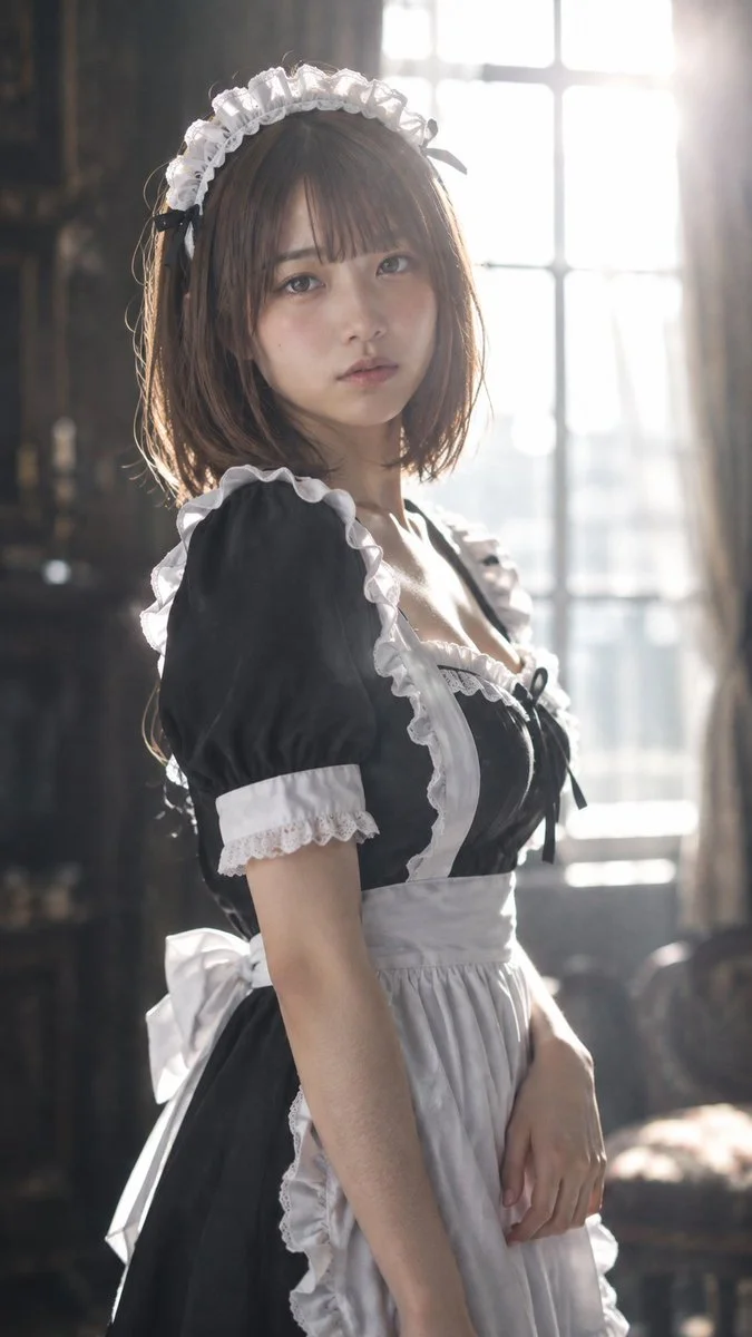 Backlit portrait of a maid-clad woman glancing over her shoulder