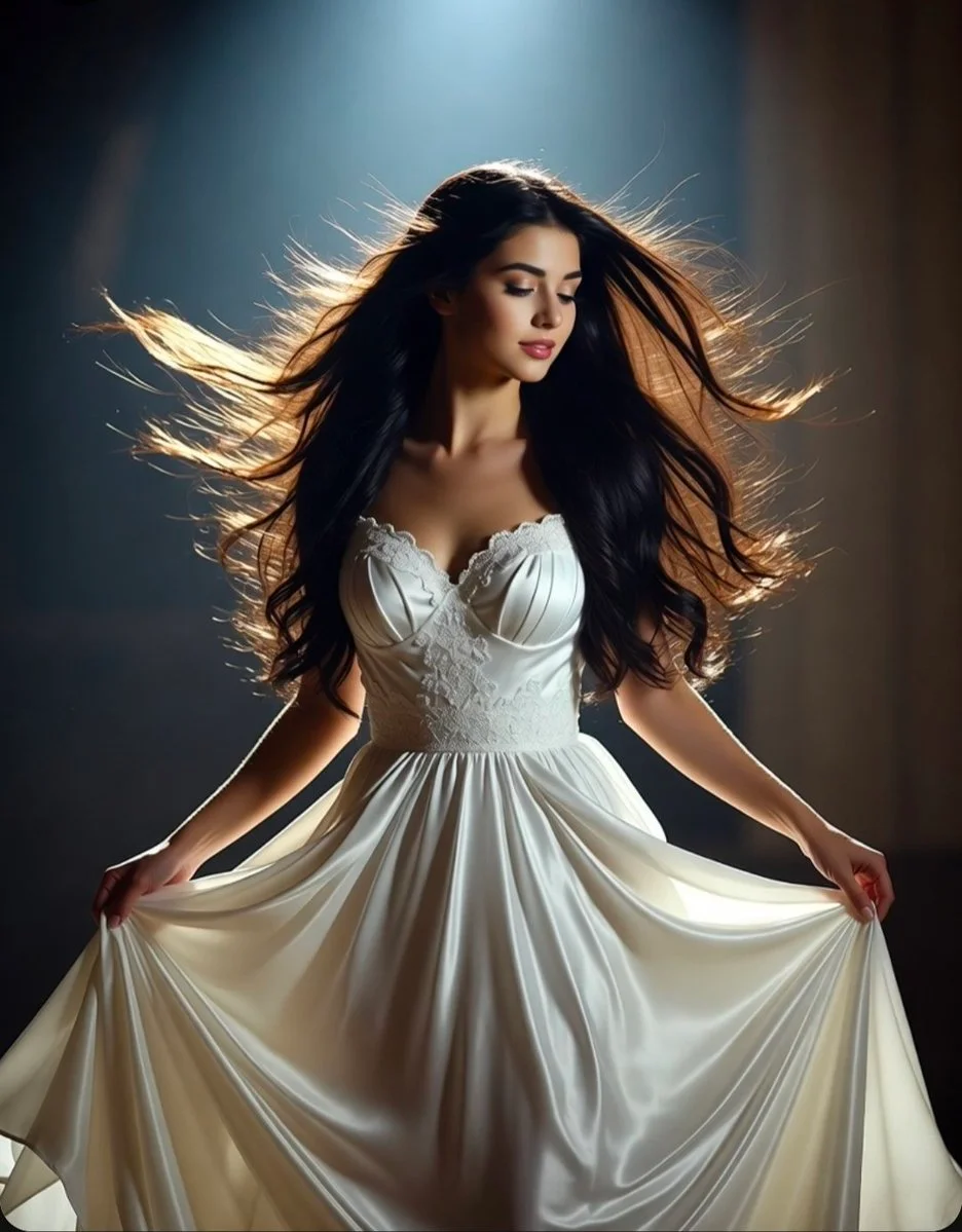 Backlit white gown and dark hair create a magical high-fashion portrait