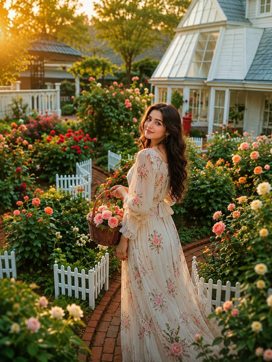 Backlit woman with wicker basket of pink roses smiles over her shoulder.
