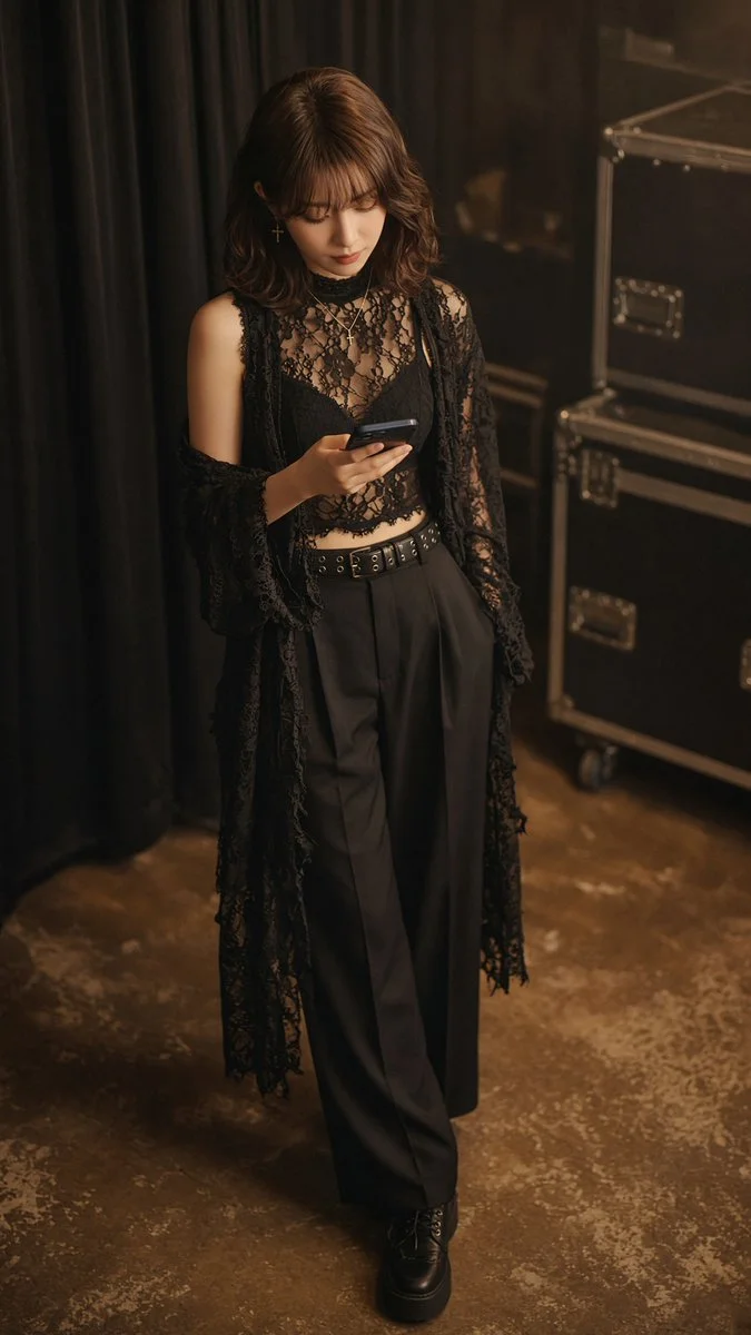 Backstage Solitude: Gothic Lace Portrait in Amber Haze